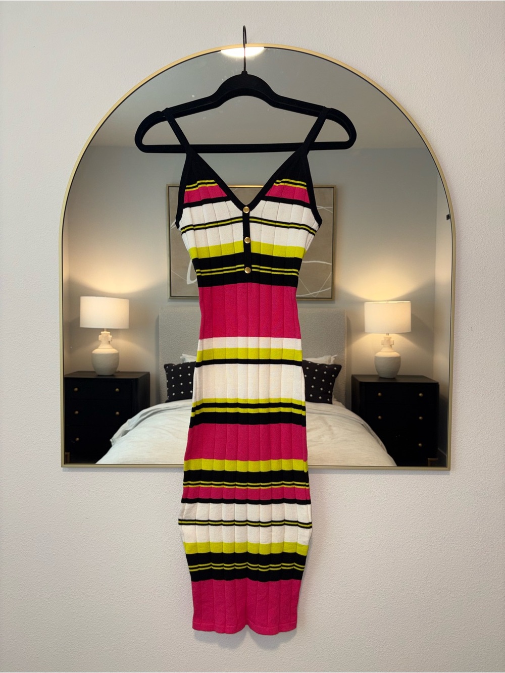 Striped Knit Bodycon Dress in Pink, White & Black